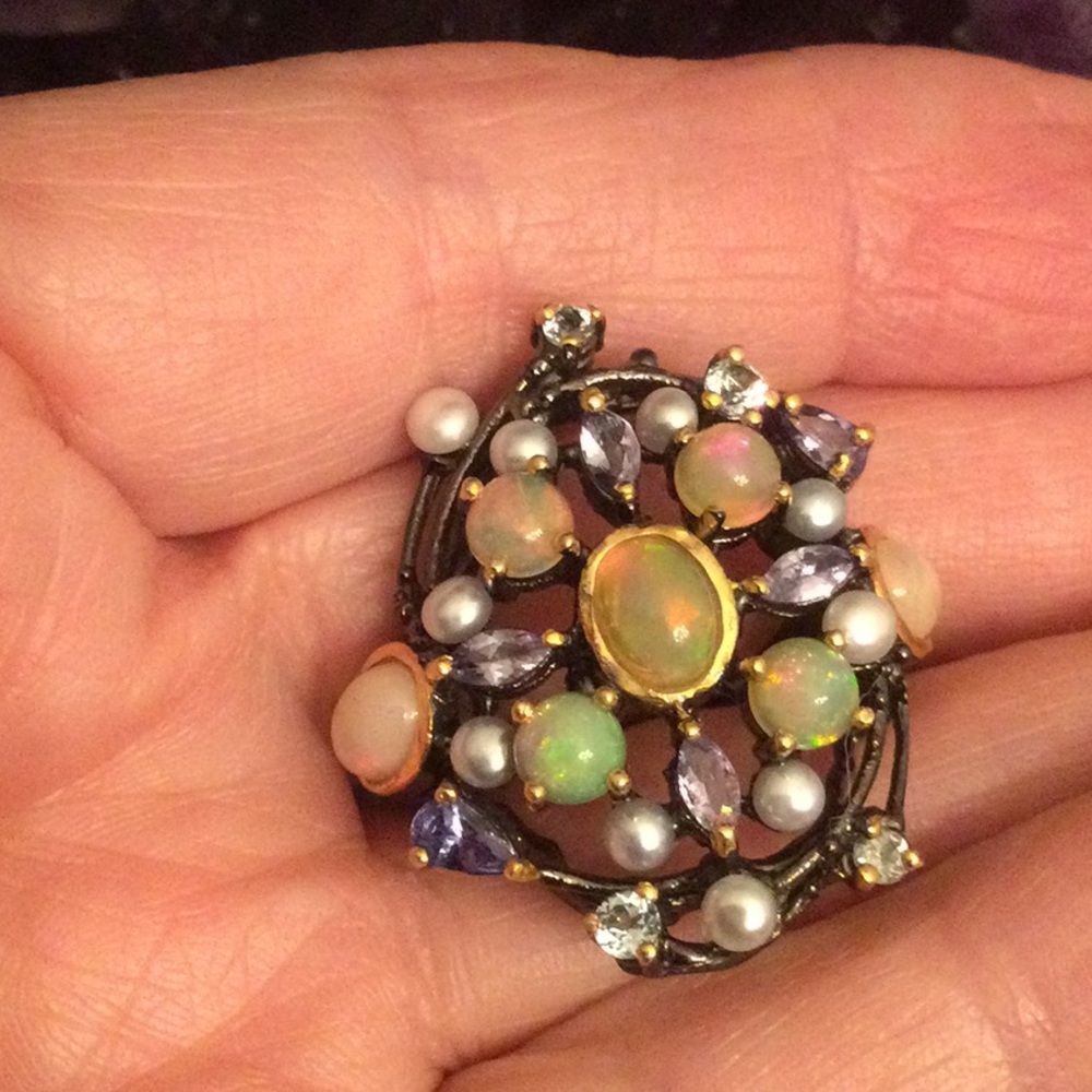Genuine Natural Opals, Tanzanite & Pearls Ring - Picture 12 of 15